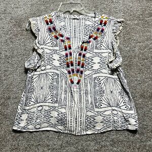 THML Anthropologie Embroidered White and Navy Women's Top